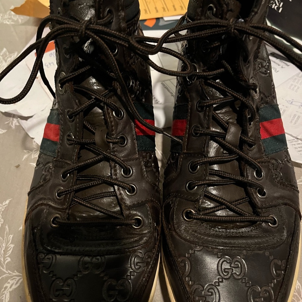 Gucci Brown Leather High-Top Boots with Red & Green Stripe - Picture 4 of 14
